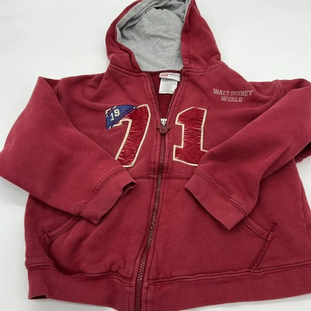 Walt Disney World Kids Medium Maroon Hooded Zip Up Jacket 1971-Disney Tag